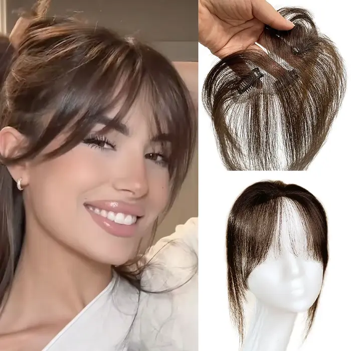 Extension de Cheveux 100% Naturels Gris avec Frange Française 3D