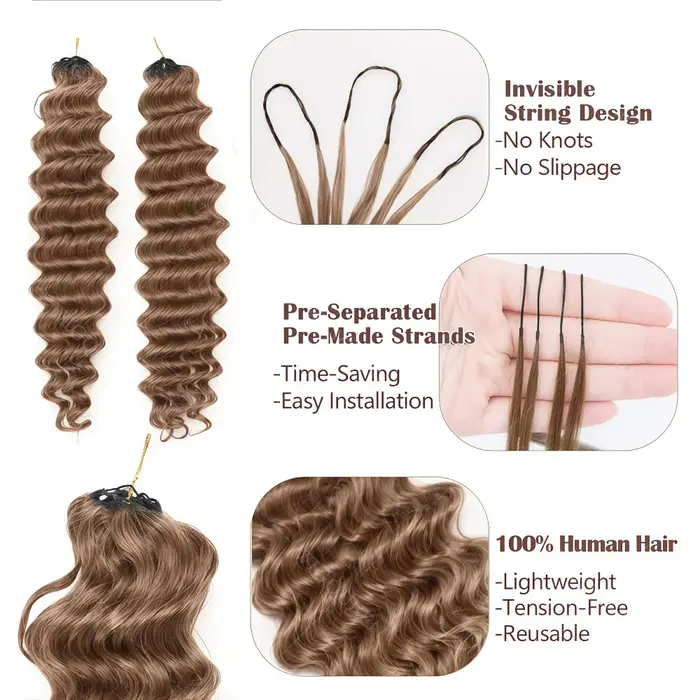 Extensions de cheveux humains en crochet à plumes blondes, sans nœuds, vague profonde lâche, légères