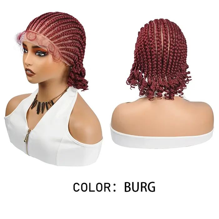 Perruque tressée de 8 pouces, cheveux courts tressés, perruque bob bohème, tresses box braids sans nœuds, tresses cornrows avec pointes bouclées, perruque tressée en dentelle pour femmes