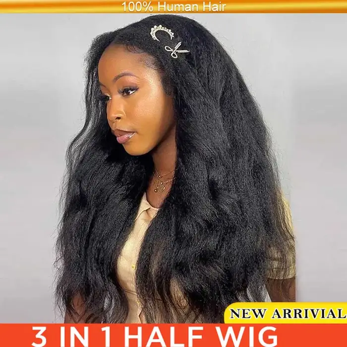 Demi-perruque droite crépue cheveux humains sans colle perruque cheveux humains prêt à porter 3 en 1