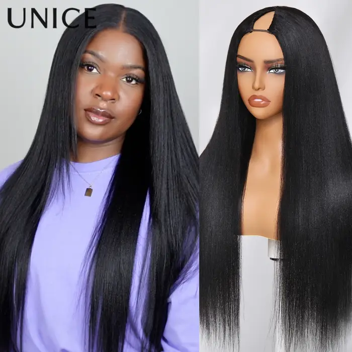 UNice Yaki perruque droite V partie avec cordon 100% cheveux humains perruque en forme de V