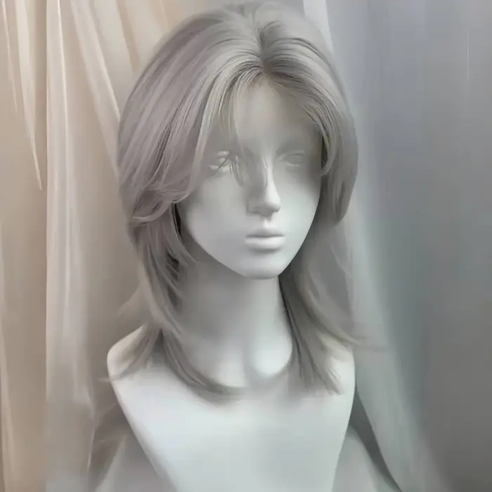Lolita perruque synthétique front dentelle queue de loup cheveux courts bouclés argent gris superposition quotidien