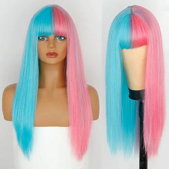 Perruques pour femmes perruque jaune et noire cheveux longs raides perruque de Cosplay perruque d'Ha