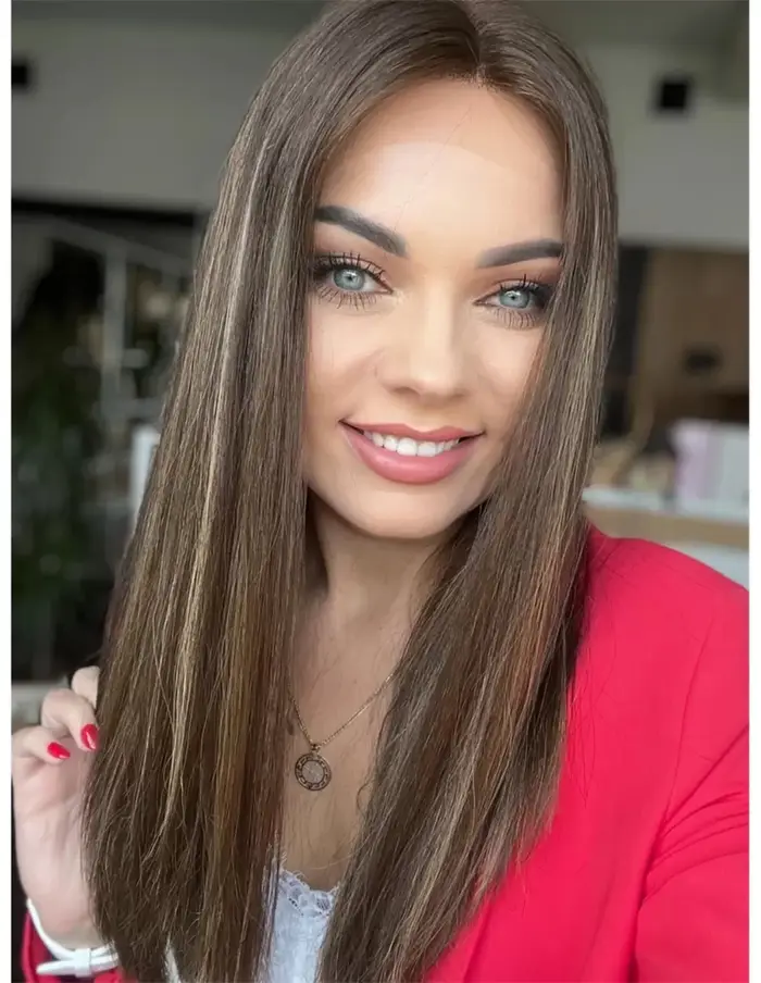 Perruque synthétique lisse et douce à reflets bruns ombrés, sans colle, Balayage en Fiber résistante