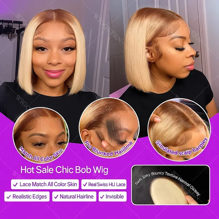 Perruque Bob Lace Front Wig naturelle lisse, cheveux courts à reflets, racines foncées, 13x4, couleu