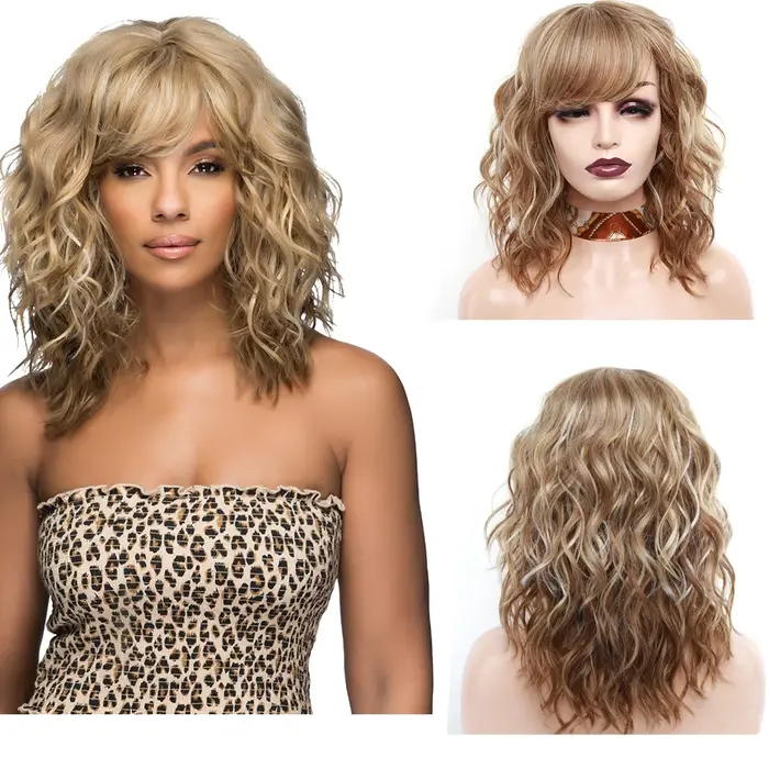 Amir-Perruques Synthétiques Blonde Bouclée avec Frange pour Femme