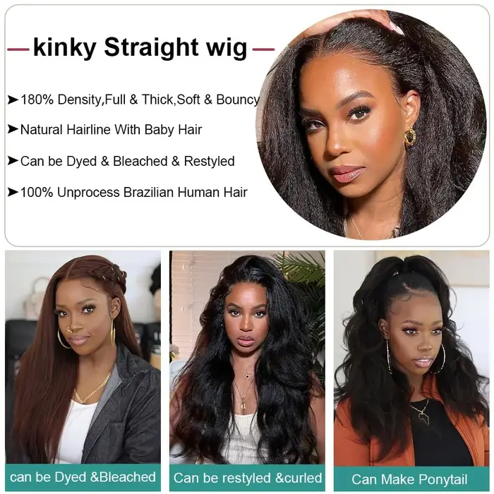 Perruque Lace Front Wig naturelle Remy, cheveux crépus lisses, Transparent HD, sans colle, avec raie