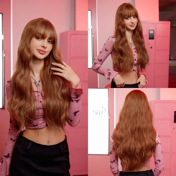 Perruque longue ondulée auburn clair avec frange pour femme, cheveux synthétiques roux clair, fibre