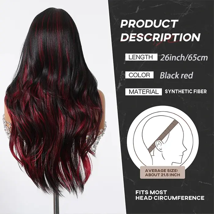 Perruque synthétique longue ondulée mélange noir rouge avec frange