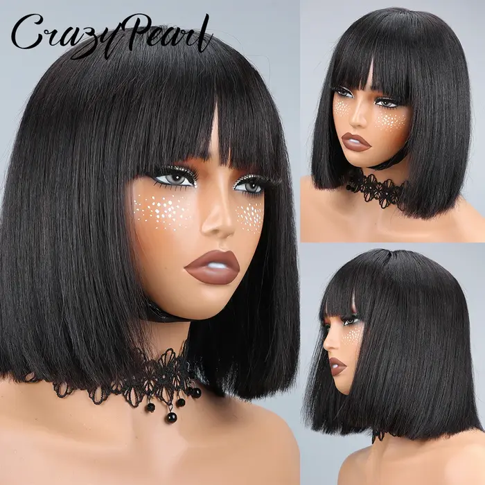 Perruque Lace Front CrazyPearl 1X13, perruque courte droite style bob, cheveux humains, pour femmes 