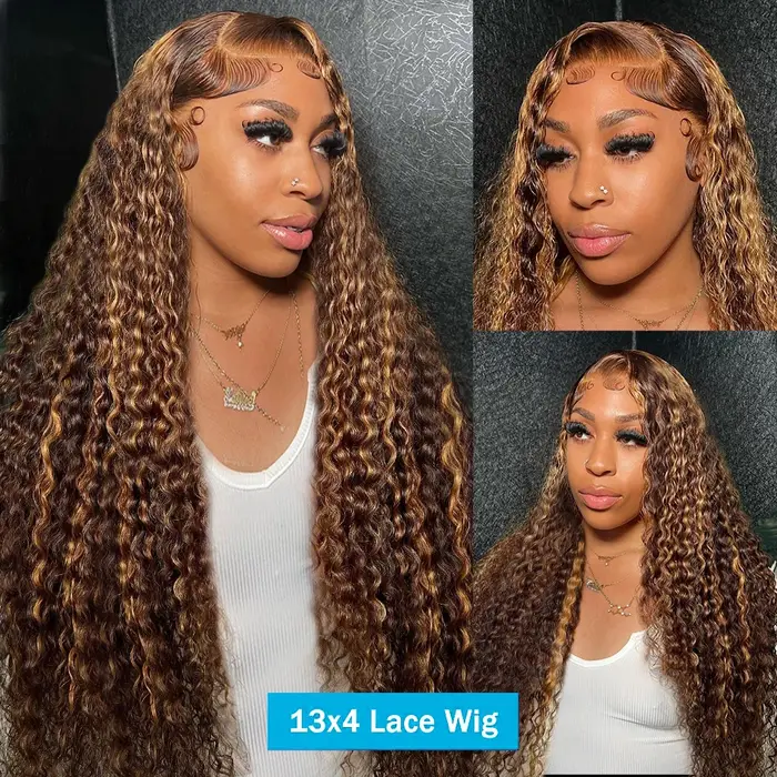 30 32 pouces mettre en évidence Ombre dentelle frontale perruque bouclés perruques de cheveux humains 4/27 couleur 13x4