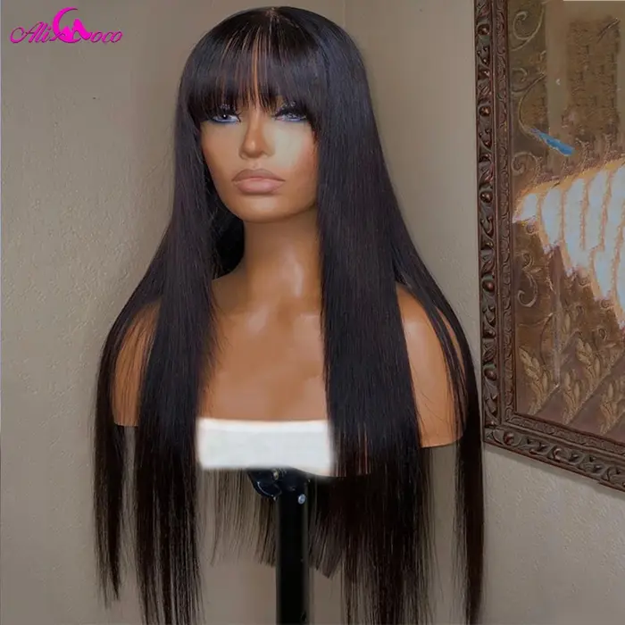 Perruque Lace Front 13x4 Lisse avec Frange, Couleur Naturelle, Dentelle Transparente, Cheveux Humain