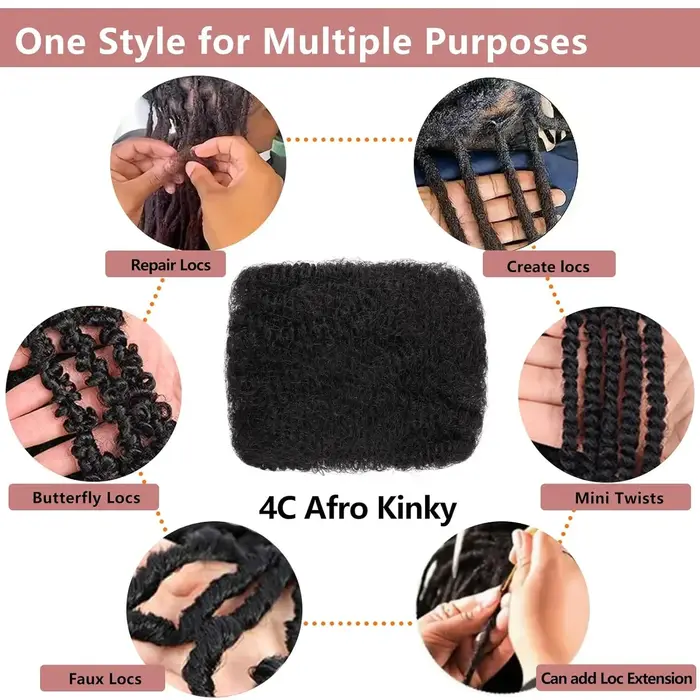 Extensions de cheveux humains naturels 4C Afro Kinky Curly en vrac de 10 à 16 pouces, sans trame, Re