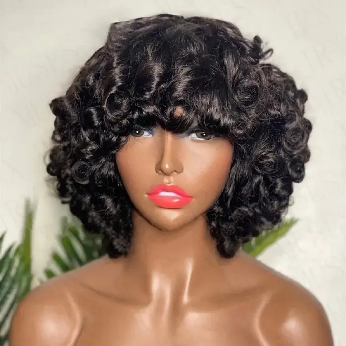 Funmi – perruque Bob courte et ample pour femmes, cheveux 100% naturels, frange complète bouclée et 