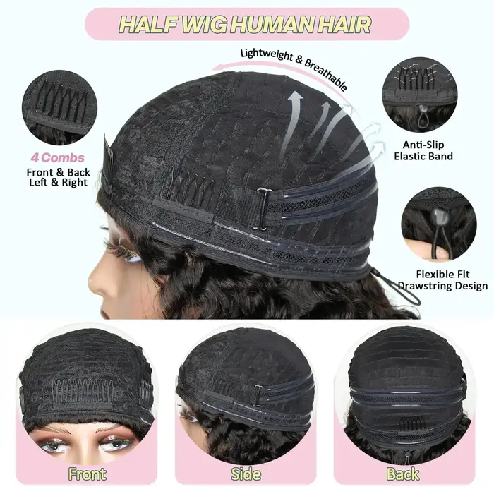 Perruque mi-tête bouclée birmane en cheveux humains 3-en-1 sans couture, à porter directement sans c