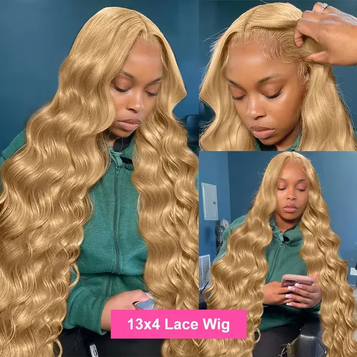 Perruque Lace Front Wig Body Wave brésilienne naturelle, cheveux humains, couleur blond miel, 13tage