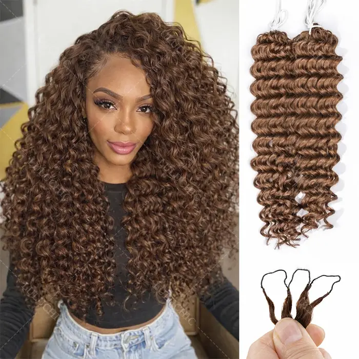 Extensions de cheveux humains bouclés au crochet, couleur marron chocolat, à ondulations profondes, 