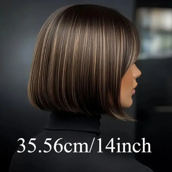 Perruque courte coupe Bob marron mélangée à reflets avec frange droite (fibre synthétique) – Parfaite pour un usage
