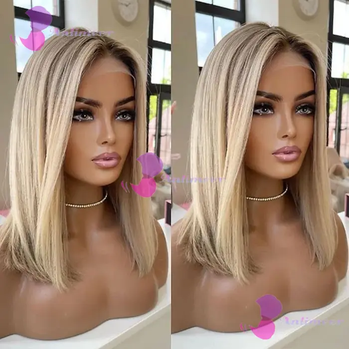 Perruques courtes bob en cheveux humains Balayage Brun Blond sans colle 13x4 Lace Front avec ligne d