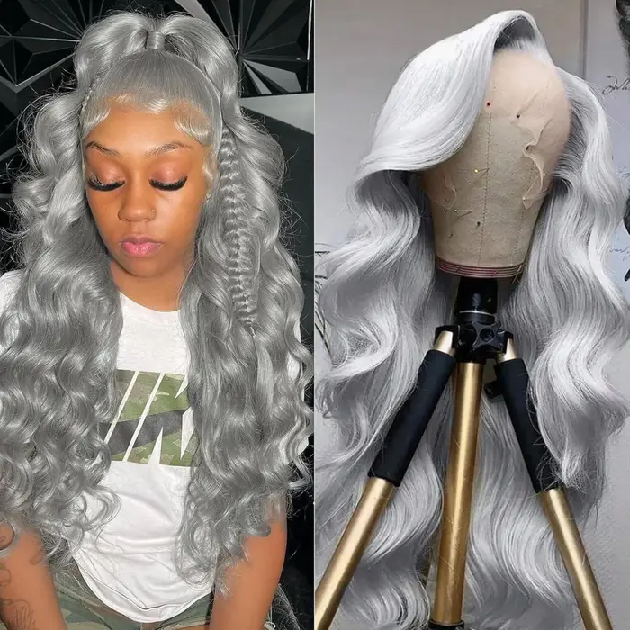 30 pouces 13x6 HD couleur gris argenté vague de corps dentelle avant perruques cheveux humains brési