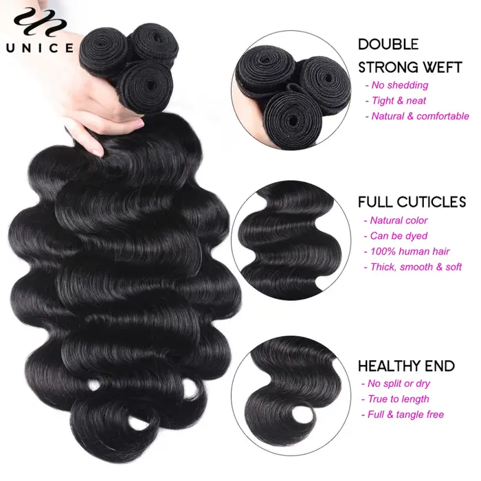 Mèches Body Wave 3/4 naturelles-UNice Hair, tissage rapide, extension de cheveux à coudre, Grade 8A,