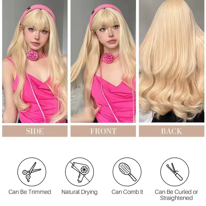 GEMMA-Perruques Synthétiques Ondulées avec Frange pour Femme, Perruque Longue, Blond Clair, Vague Na