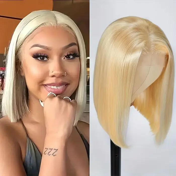 Perruques Courtes Blondes 613 Bob de 8 à 14 Pouces en Cheveux Humains avec Dentelle Frontale pour Fe