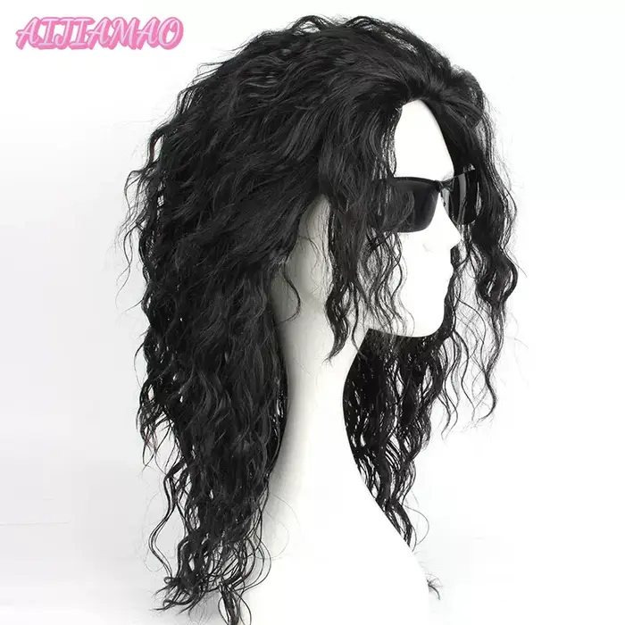 Perruque noire bouclée mi-longue
