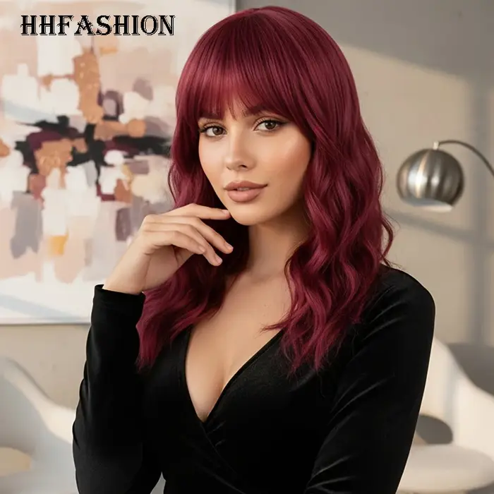 Perruque synthétique rouge bordeaux pour femme