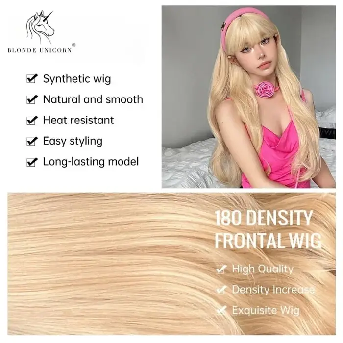 Perruque synthétique longue ondulée licorne Blonde dorée naturelle avec frange