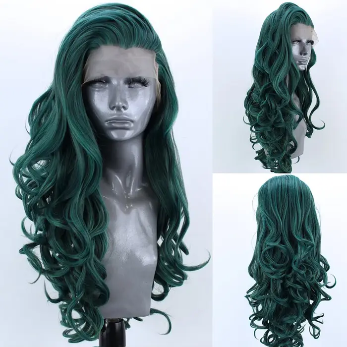 Perruque Lace Front Wig synthétique verte 13x4, naissance des cheveux naturelle, longue vague de cor