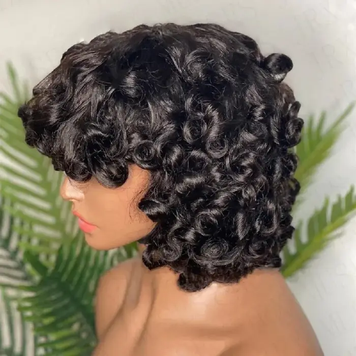 Funmi – perruque Bob courte et ample pour femmes, cheveux 100% naturels, frange complète bouclée et rebondissante, aspect naturel, faite à la Machine