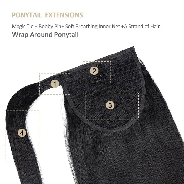 Extensions de cheveux brésiliennes pour femmes noires, queue de cheval à clipser, en cheveux humains lisses, à enrouler avec cordon de serrage