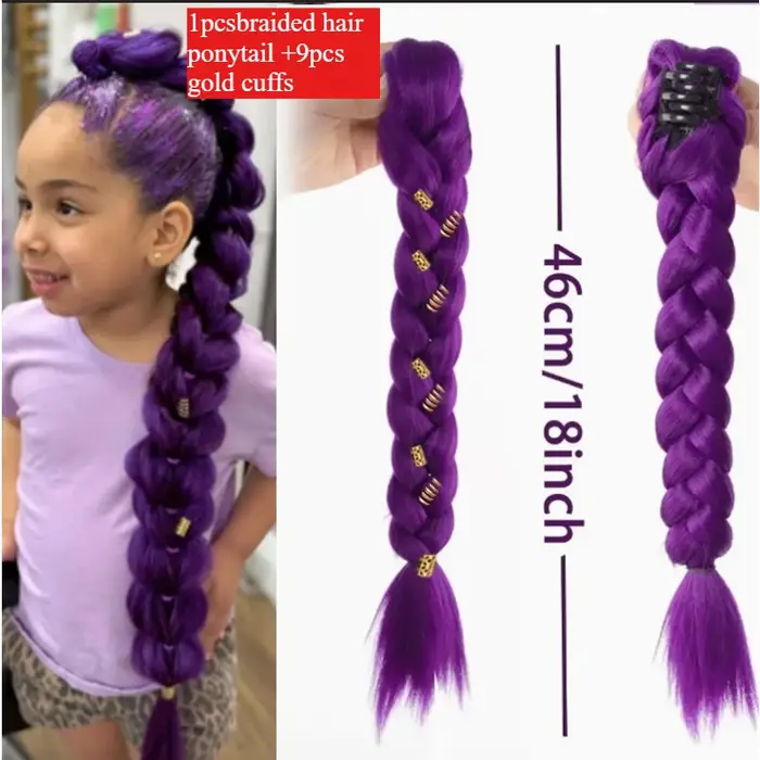 Extensions de queue de cheval tressée violette de 18 pouces avec pinces à cheveux dorées