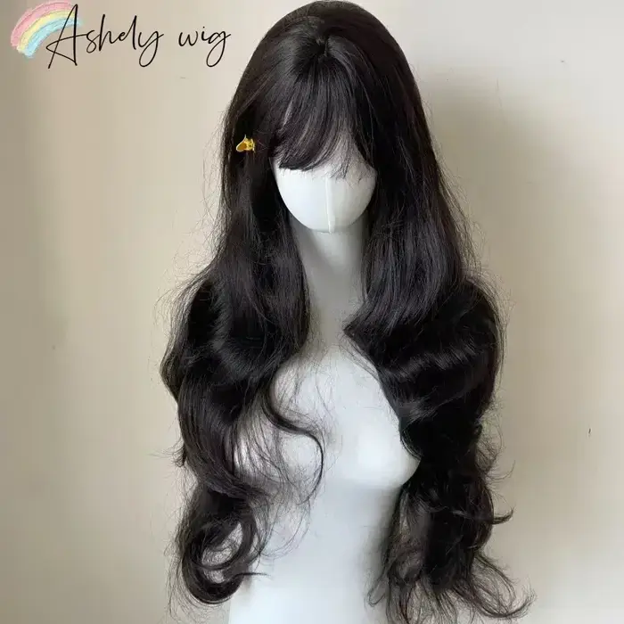 Lolita Black Wig for Women, Long Wavy Hair, Curly Wig with Bangs, Cosplay Sauna Band, Synthetic Wigs