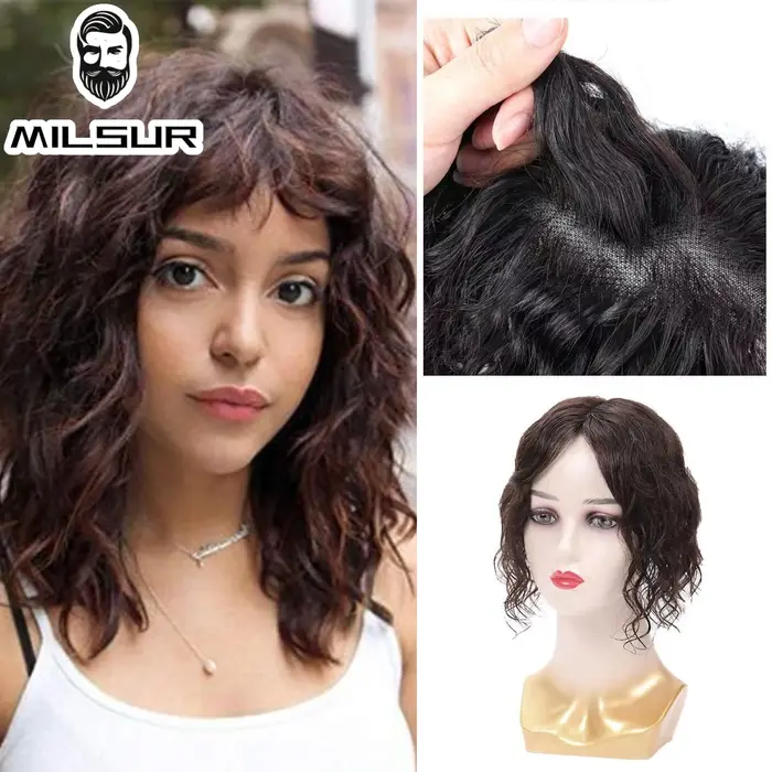 Topper de cheveux humains bouclés pour femme, cheveux raides, clips naturels, fait à la main, filet 