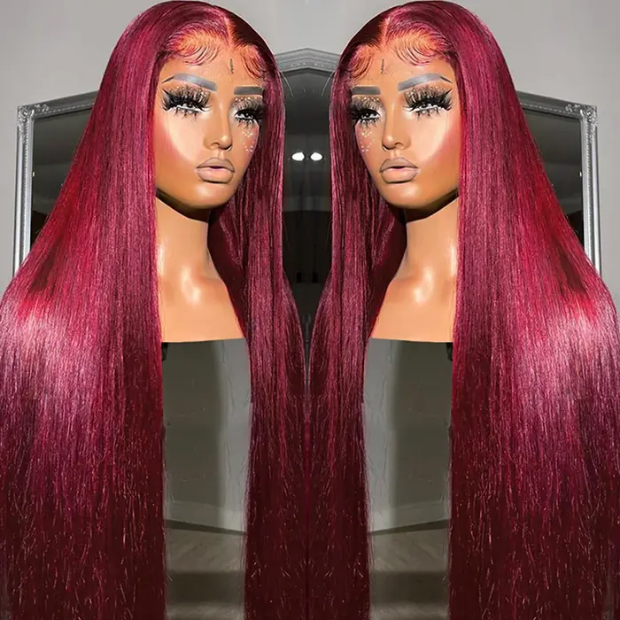 Perruque Lace Front Wig sans colle naturelle, cheveux lisses, rouge bordeaux 99J, 13x6, 13x4 HD, 30