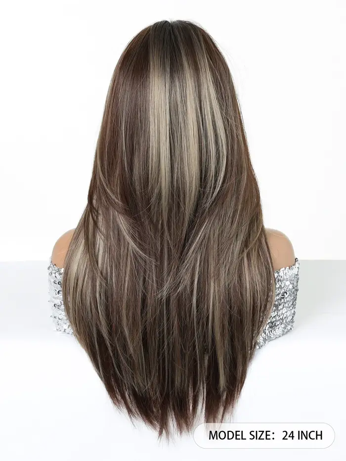 Perruque longue et droite ombrée blond-brun pour femmes avec frange douce