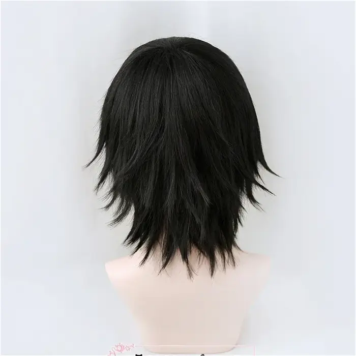 Himeno perruque tronçonneuse homme noir court moelleux couches cheveux synthétiques avec yeux Patch résistant à la chaleur Costume fête jouer