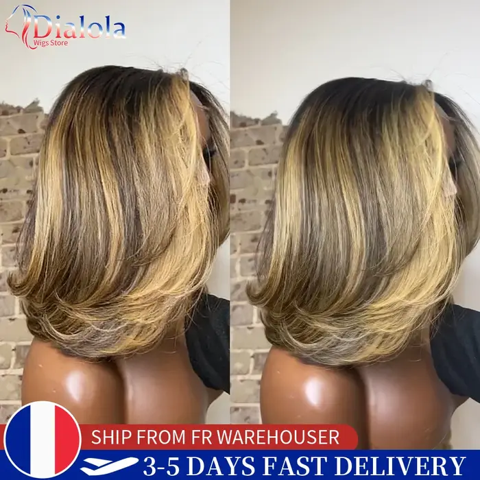Perruques Dialola 5x5 Closure Blonde Highlight Coupe Dégradée Courte Bob Cheveux Humains Ombrés Pré-