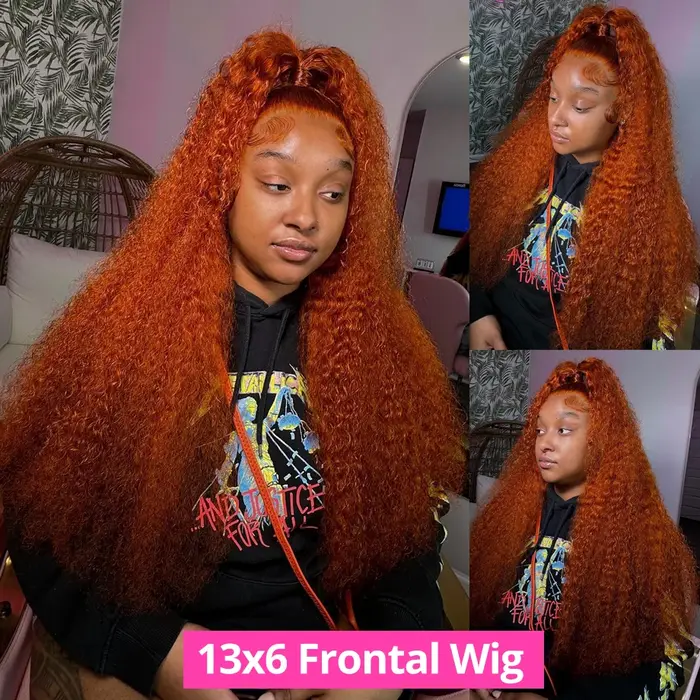 Perruque de cheveux humains frontale en dentelle HD vague d'eau de couleur orange 13x6 pre-plucked
