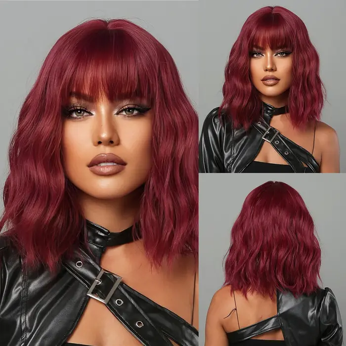 Perruque synthétique courte Bob bordeaux avec frange