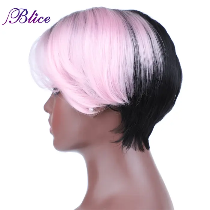 Blice-Perruque Synthétique Courte pour Femme, Perruques Colorées, Bouclée Naturelle, Frange Latérale, Fabriquée à la Machine, Mélange de Documents, Rouge Noir et Rose