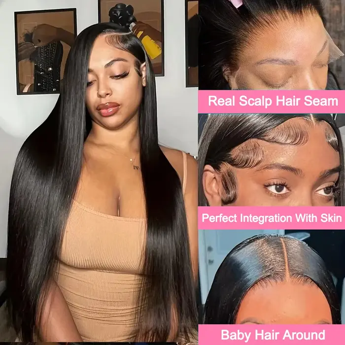Perruque Lace Front Wig brésilienne lisse, cheveux brésiliens transparents, aspect naturel, naissanc