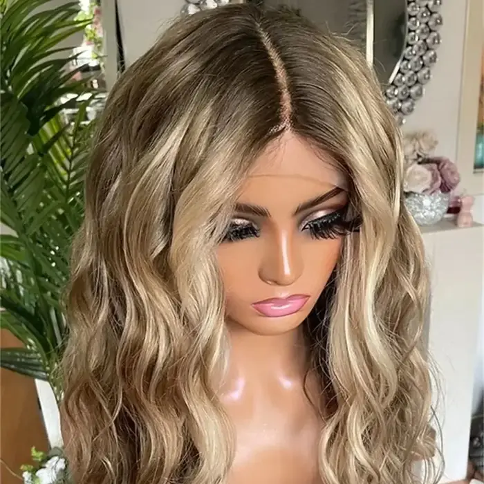 Perruque Lace Front Synthétique Ondulée Longue de 24 Pouces, Ombrée Blonde, Sans Colle, Pré-Pluckée 