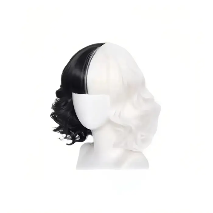 Perruque synthétique courte bouclée Cruella noire et blanche pour femmes