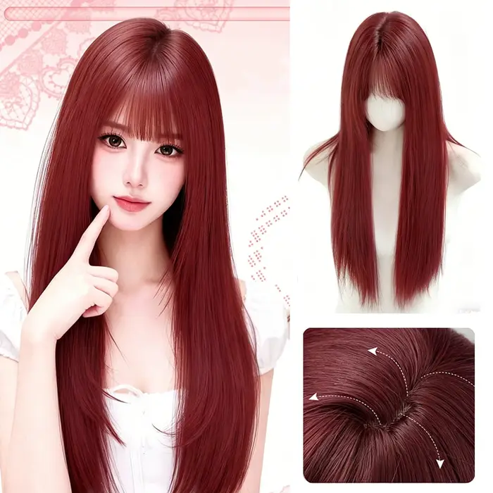 Perruque synthétique longue et droite de haute qualité rouge framboise avec frange, synthétique pour femme, usage quotidien et cosplay, perruque longue pour femme