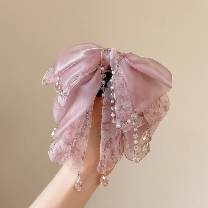 Pince à cheveux avec pompon en cristal bordeaux – Design floral aquarelle avec grand nœud