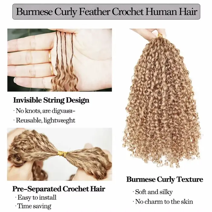 Cheveux humains bouclés birmans couleur blond miel pour crochet # 27 extensions de cheveux en croche