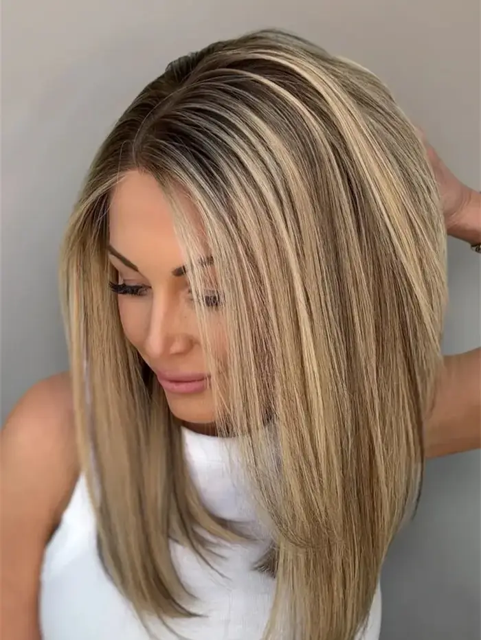 Perruque Balayage synthétique courte et lisse, naissance des cheveux naturelle, 13x4, ombré, marron,